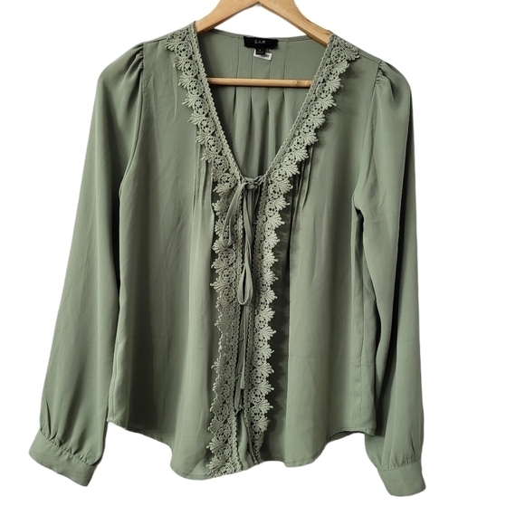 COTTON Sage Long Sleeve Lace Tie-up Pleated Blouse Sage Green Size S oversized - Picture 6 of 9